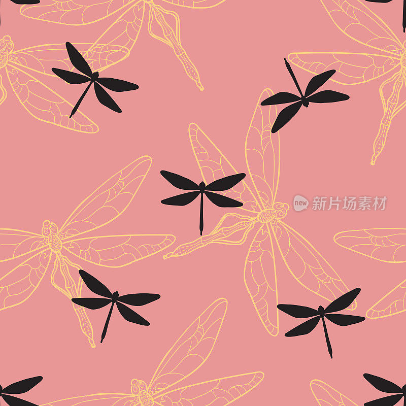 Vector Seamless Pattern with Colored Dragonflies. Picture with Clipping Mask.
